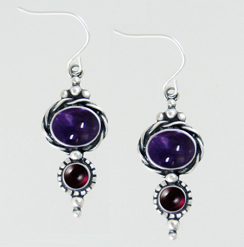 Sterling Silver Drop Dangle Earrings With Iolite And Garnet